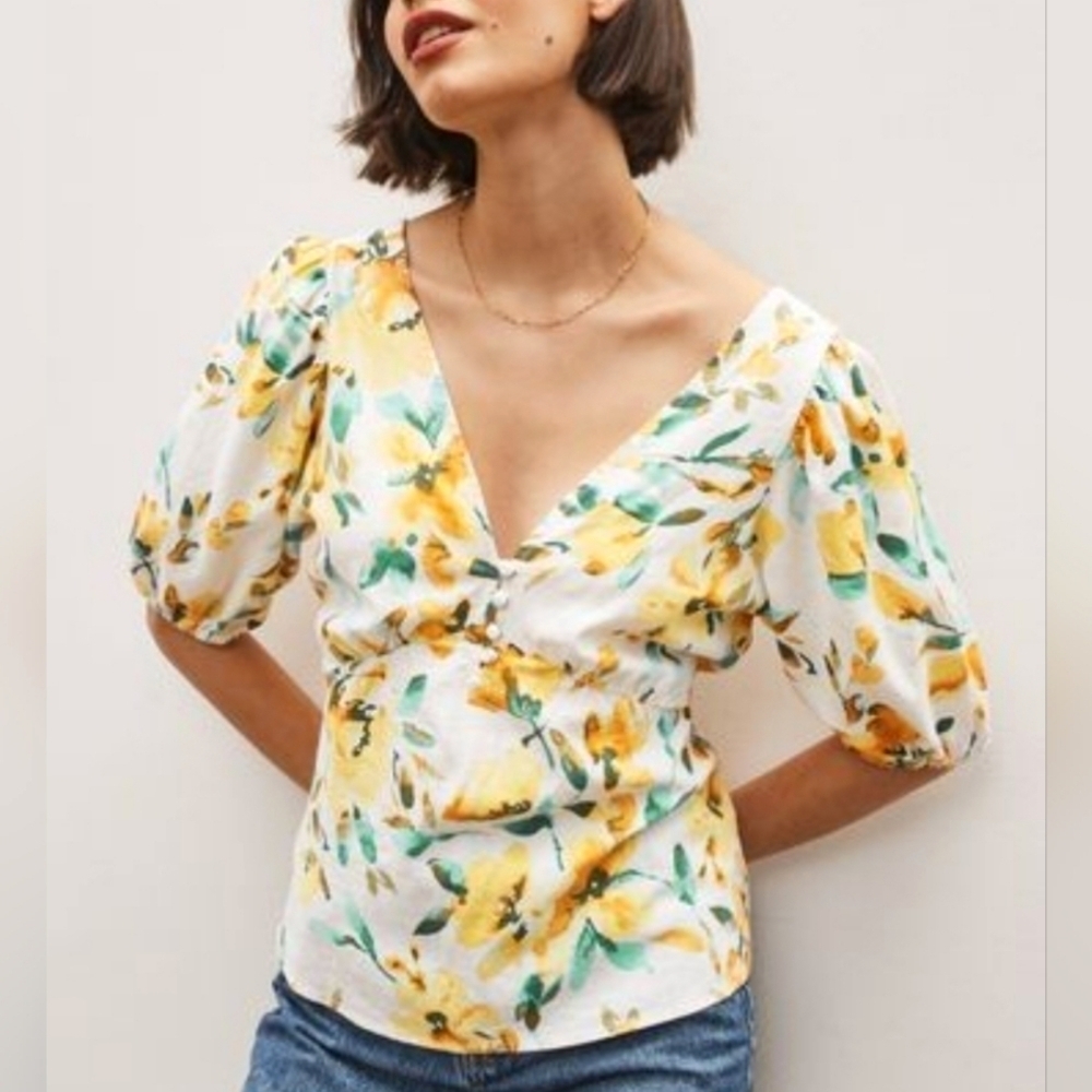 GAP Linen Blend Yellow Watercolor Floral Peplum Puff Sleeve Top sz Small Tall